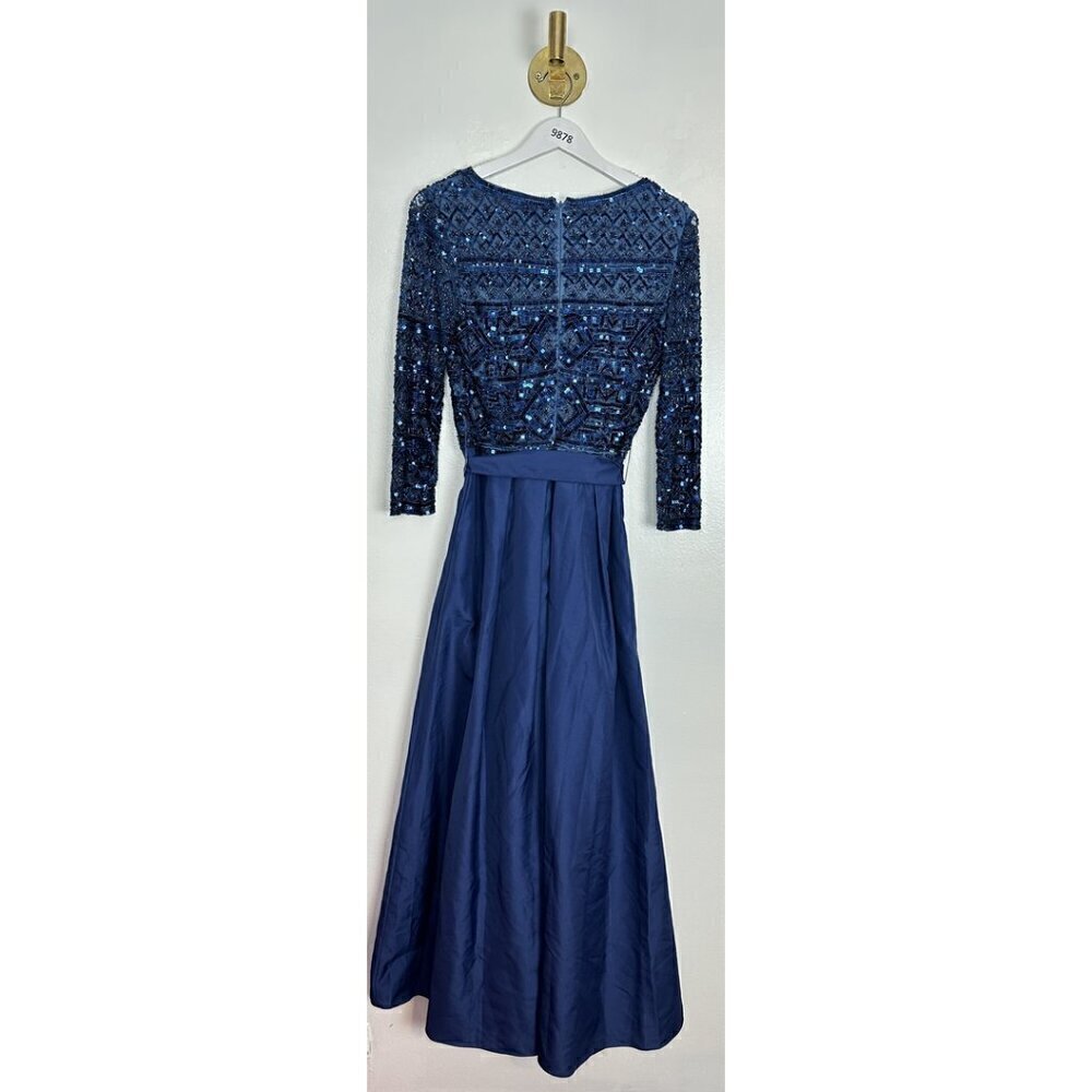 PISARRO NIGHTS Beaded Tie Waist Taffeta Gown in Denim 427 Size US 6 NWT - Picture 9 of 10